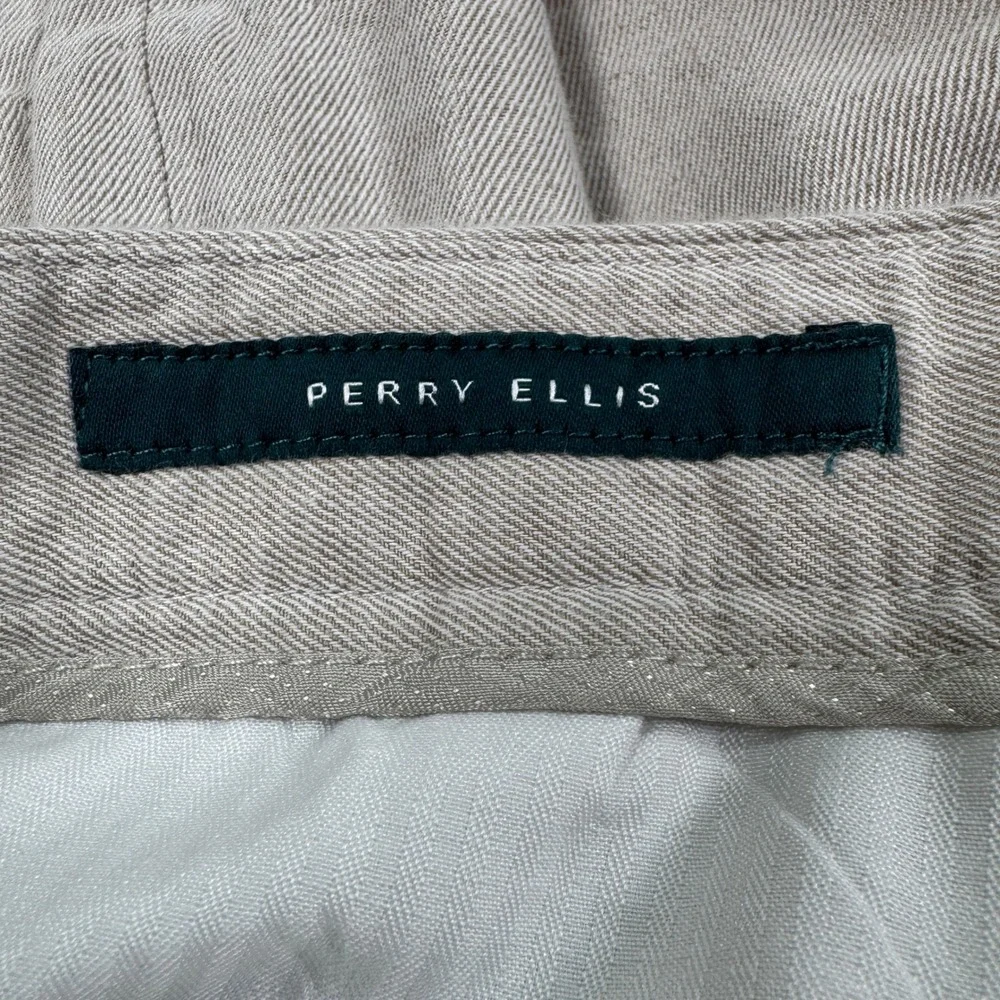 Perry Ellis Mens Linen Blend Flat Front Dress Pants Tan 34 x 32 Breathable